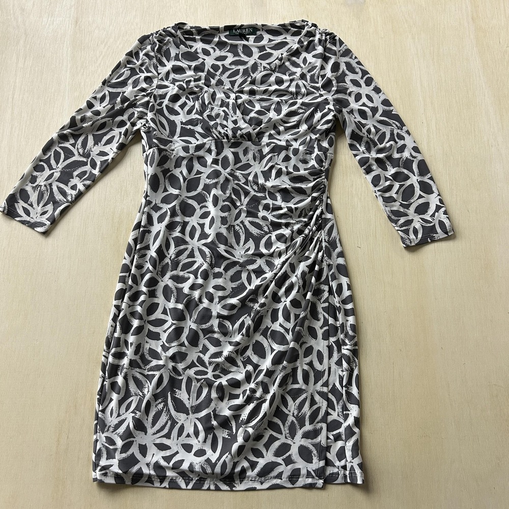 Lauren Ralph Lauren Dress Womens 10‎ Gray Geometric Ruched Sheath 3/4 Sleeve